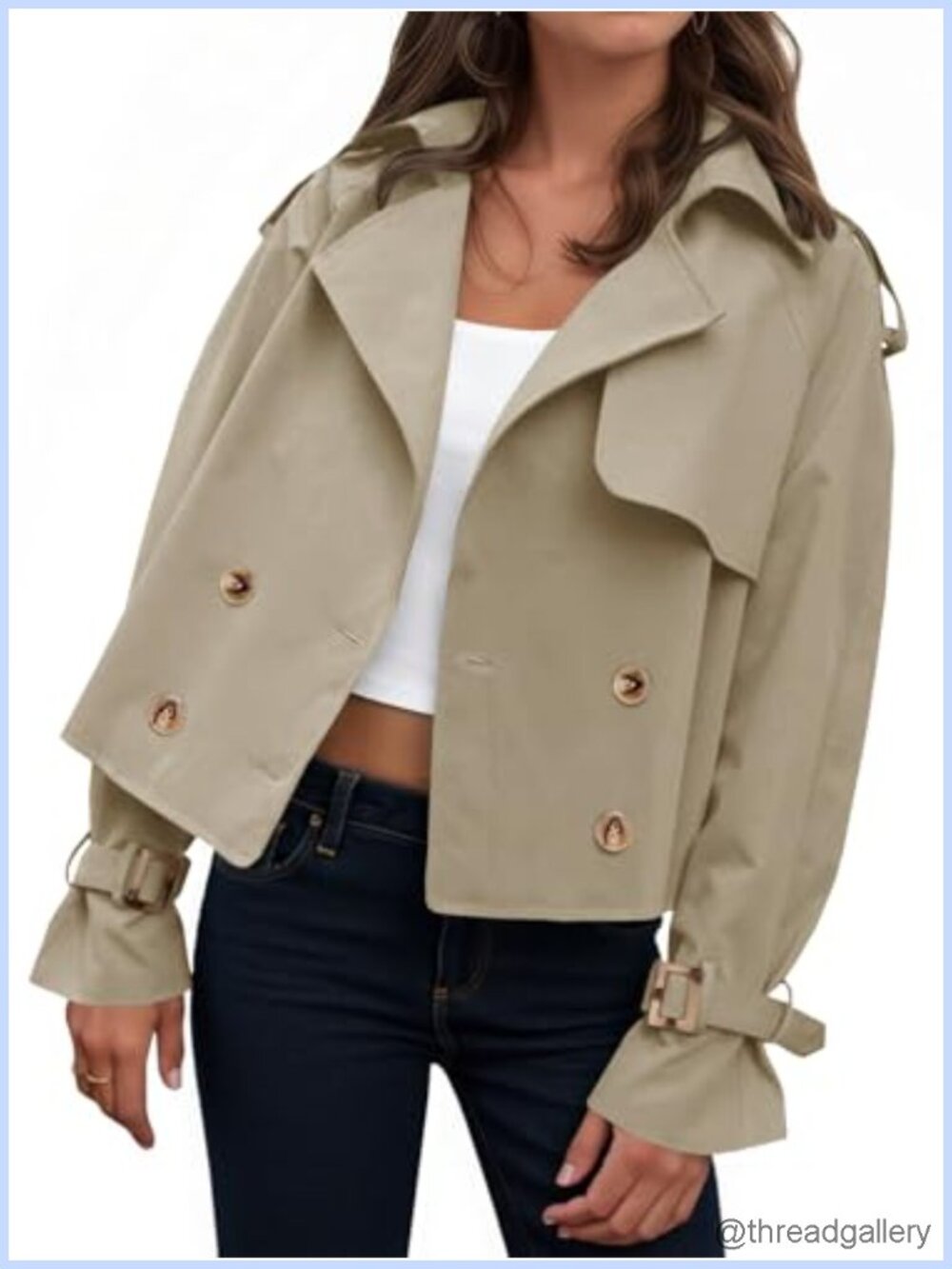 Women's Cropped Trench Coat Oversized Double Breasted Long Sleeve Jacket